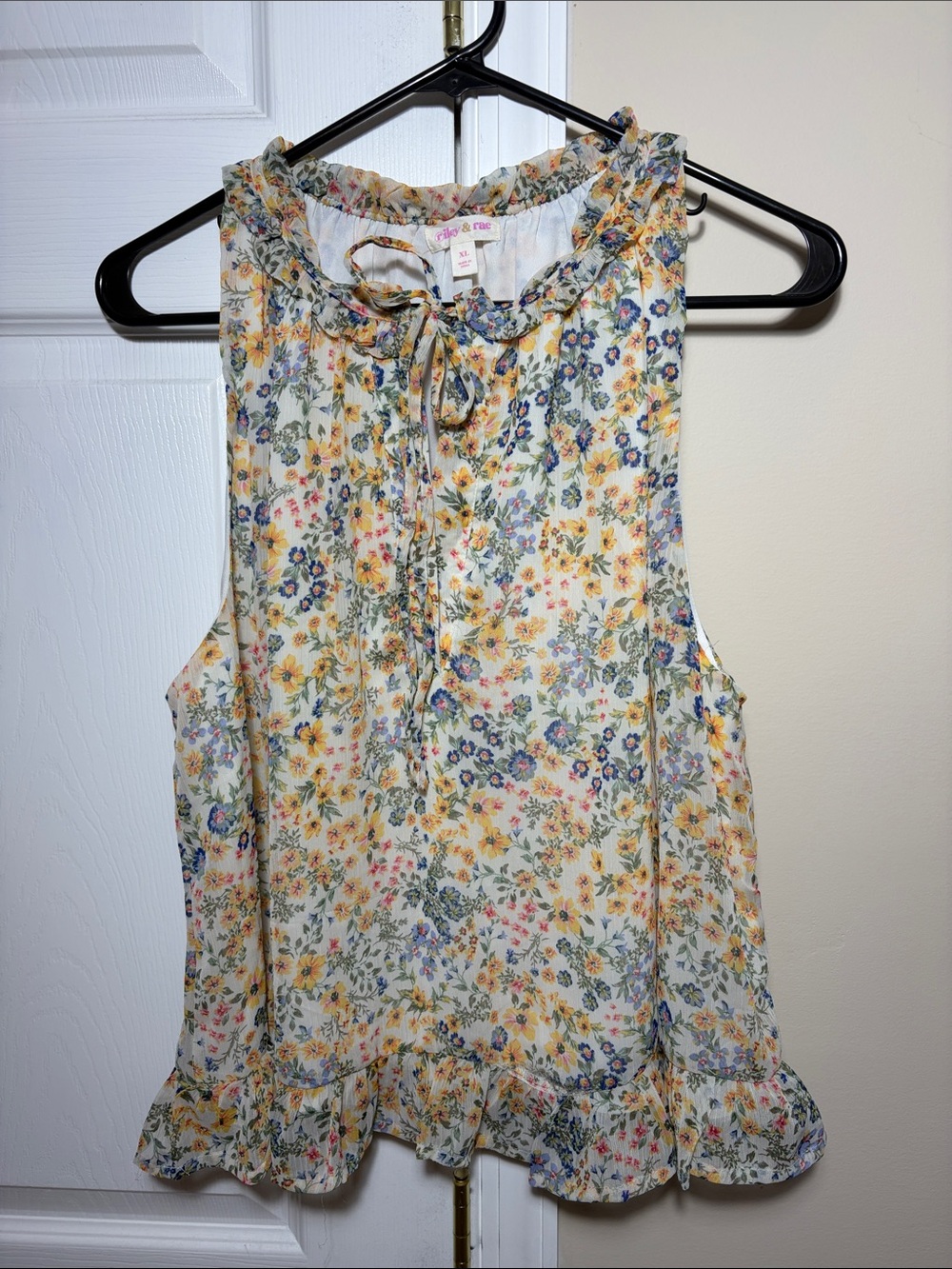 Yellow Multi Floral Ruffle Tie-Neck tank